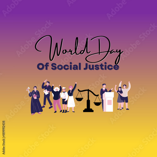 World day of social justice, 20th February awareness post for social media with large justice scale vector illustration .Social justice day banner ,poster, templet.