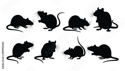 Eight black silhouettes of mice and rats in various poses on a white background Vector
