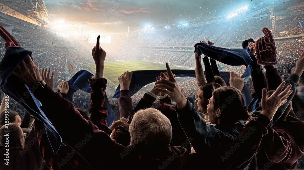 Obraz premium Digital composition. Crowd of soccer supporters celebrating goal during night match. Concept of emotional victory moment, stadium energy, live sports broadcasting, and fan engagement campaigns.