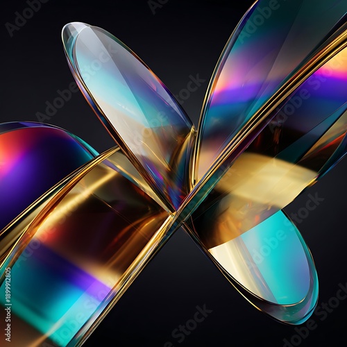 Abstract wallpaper. Interwoven glass hoses form an undulating structure, reflecting multicolored gradients, glowing with bright highlights, isolated on black background. Digital 3D illustration