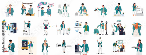Collection of flat vector illustrations showing people celebrating corporate milestones, retirement parties, service awards, speeches, and festive event preparations.