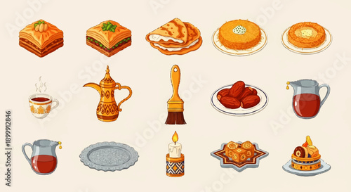 Assorted Food and Drink Items Illustration.