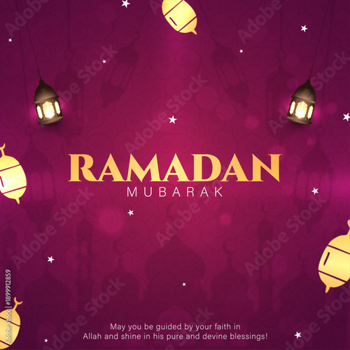 Ramadan Mubarak Greeting Card with Lanterns and Mosque, Islamic Holy Month Background with Gold Fanous and Stars, Elegant Purple and Pink Ramadan Kareem Social Media Banner, Spiritual Muslim Celebrati