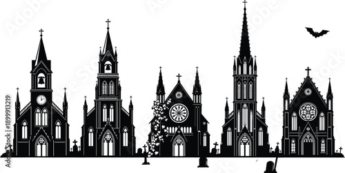 Gothic church silhouette skyline, medieval cathedral architecture, dark fantasy religion illustration, haunted graveyard scene, Halloween night cityscape vector