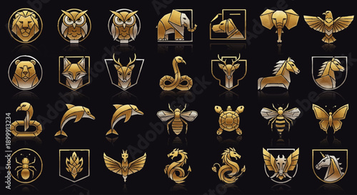 Collection of Golden Animal Icons and Symbols.