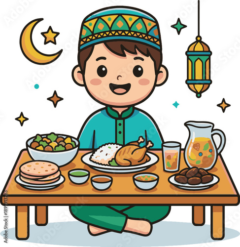 Cute Muslim Boy Sitting at Iftar Table with Traditional Food