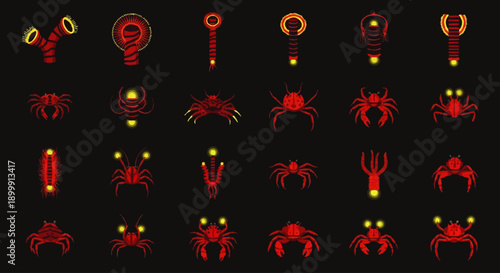 Collection of Red Crustacean Silhouettes with Glowing Eyes.