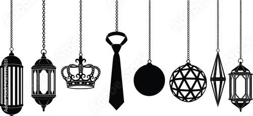 hanging, ornaments, lanterns, decor, decoration, silhouette, chain, pendant, crown, tie, geometric, sphere, design, vector, illustration, black, white, elegant, collection, set