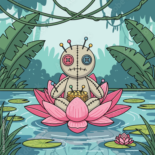Voodoo doll on pink lotus flower.