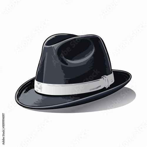 A stylish dark trilby hat with a light band accents the brim in a simple fashion design illustration