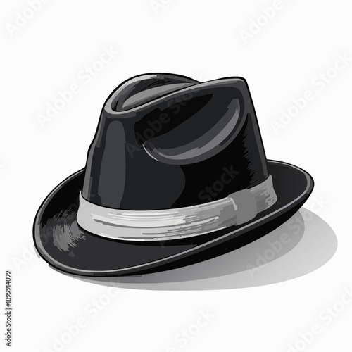A stylish dark trilby hat with a light band accents the brim in a simple fashion design illustration