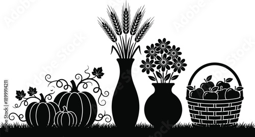 harvest autumn silhouette stilllife pumpkin wheat flower vase basket apple farm nature rustic