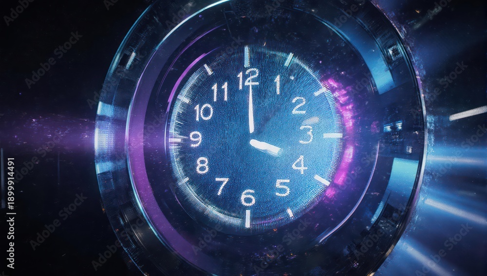 Fototapeta premium Futuristic digital clock, glowing, with cosmic background