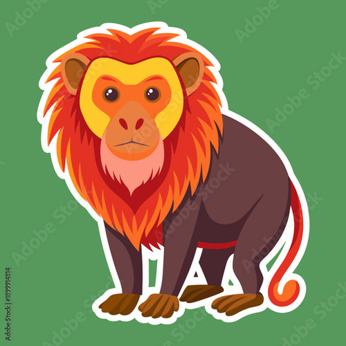 Cartoon lion tamarin sticker illustration against a green background
