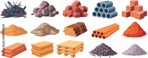 Construction materials vector illustration set featuring sand gravel bricks pipes wood pallets stones industrial building supplies isolated on white background