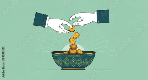 Hands Placing Coins in Bowl Illustration.