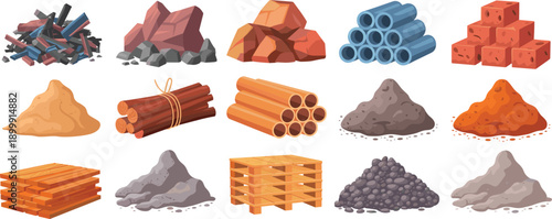 Construction materials vector illustration set with sand gravel bricks pipes wood pallets stones industrial building supplies isolated