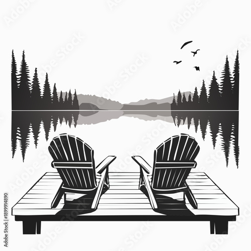 Two wooden Adirondack chairs sit on a dock overlooking a calm lake at sunset with trees in the background, creating a peaceful, serene scene.