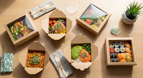 Multiple fresh takeaway food boxes with sushi, pasta, and salads displayed from a top-down view on a table.