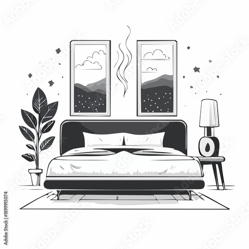 Bedroom setting featuring a modern humidifier emitting vapor near a cozy bed, promoting wellness and comfortable sleep in a bright, minimalist room