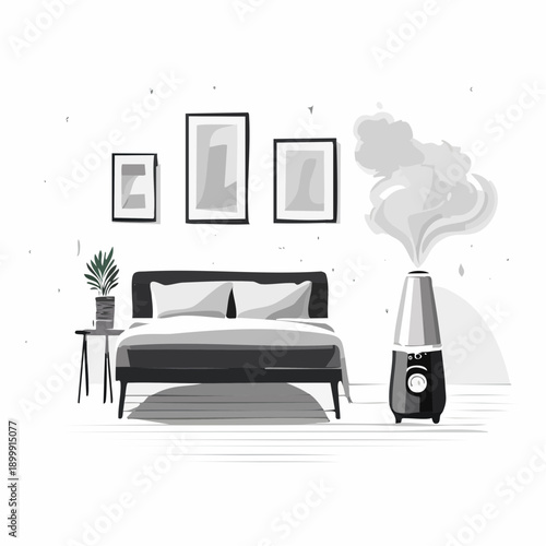 Bedroom setting featuring a modern humidifier emitting vapor near a cozy bed, promoting wellness and comfortable sleep in a bright, minimalist room