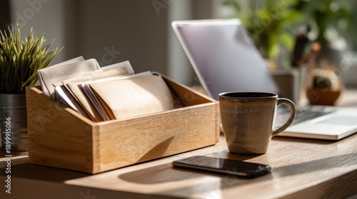 Organized home office scene with inbox tray, letters, laptop, and coffee under soft natural daylight