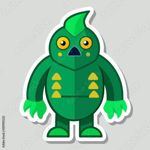 Cartoon green monster sticker with leaf-like head plumage