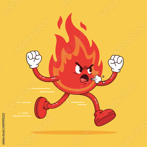 Angry fire cartoon character running fast.