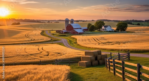 A serene rural landscape with a red barn, silos, and hay bales in a golden wheat field at sunset.