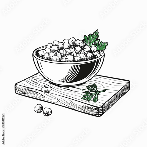 Golden roasted chickpeas in ceramic bowl, garnished with parsley, displayed on a wooden cutting board, healthy snack idea.
