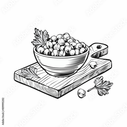 Golden roasted chickpeas in ceramic bowl, garnished with parsley, displayed on a wooden cutting board, healthy snack idea.