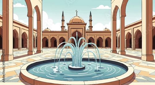 Islamic Mosque Fountain Courtyard Architecture Illustration.