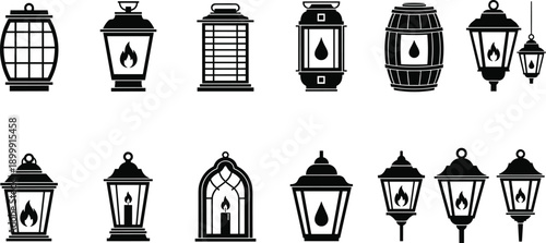 lantern silhouette vintage light lamp icon set vector illustration black white decorative