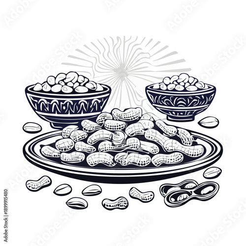 Delicious peanuts in shells piled high on an ornate ceramic plate, rustic wooden bowls in background, healthy snack food concept