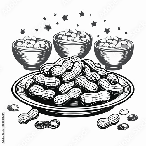 Delicious peanuts in shells piled high on an ornate ceramic plate, rustic wooden bowls in background, healthy snack food concept