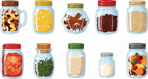 Glass food jars vector set with pasta spices beans grains herbs nuts and dried fruits for kitchen pantry storage