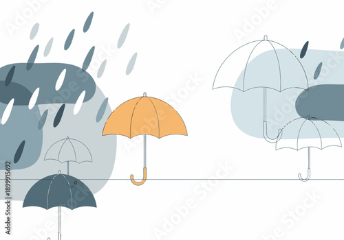 Minimalist umbrella design illustration amidst a rainy backdrop. Clean lines and soft colors create a modern, appealing banner concept.