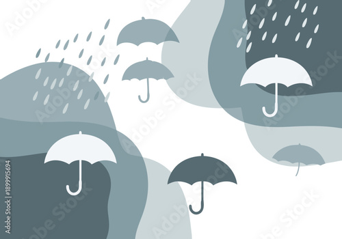 Minimalist umbrella design banner. Several white umbrellas float amidst rain and gray hills. Modern, graphic, and visually appealing for commercial use.
