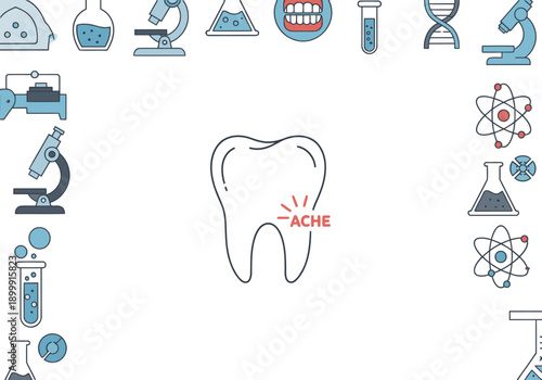 A vibrant medical research background featuring a tooth and diverse scientific icons. Modern, clean design ideal for health, science, and technology visuals.