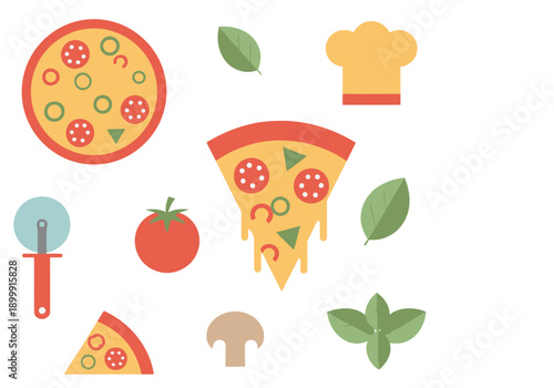 A vibrant, minimalist graphic illustration of pizza elements ? slices, chef's hat, ingredients ? perfect for food-related designs and marketing materials.