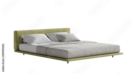 Contemporary double bed with comforter and pillows on an isolated background. 