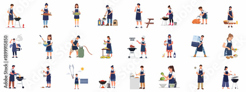 Collection of people performing various activities related to grilling, barbecue, and outdoor cooking preparation, vector illustration set.