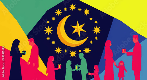 People Celebrating Under Stars and Crescent Moon.