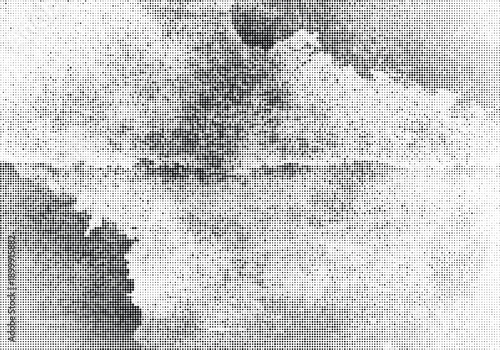 Abstract halftone dot pattern with composed of black lines and shapes on a white background. The design is highly detailed, with a repetitive structure that creates a sense of rhythm and order