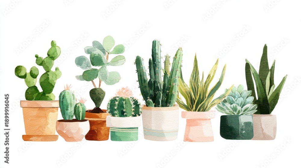 Fototapeta premium Pastel watercolor illustration of potted succulents and cacti