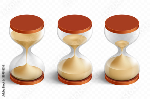 Collection of hourglasses with different levels of sand. Mockup isolated on a transparent background. Vector illustration.