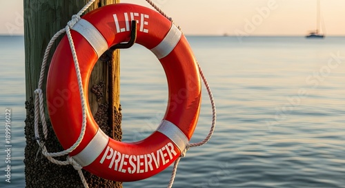 Life preserver hanging on a wooden post by the sea.
