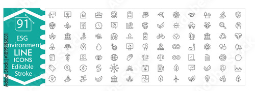 ESG environment icons set, sustainability, green energy, eco friendly, environmental protection, corporate social responsibility, climate action, renewable resources, conservation, editable stroke 