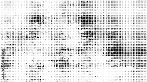 Abstract halftone dot pattern with composed of black lines and shapes on a white background. The design is highly detailed, with a repetitive structure that creates a sense of rhythm and order