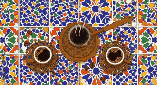 Turkish Coffee Cups on Mosaic Tiles.